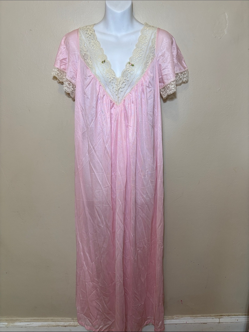 Elegant Pink Lace-Trim Long Nightgown